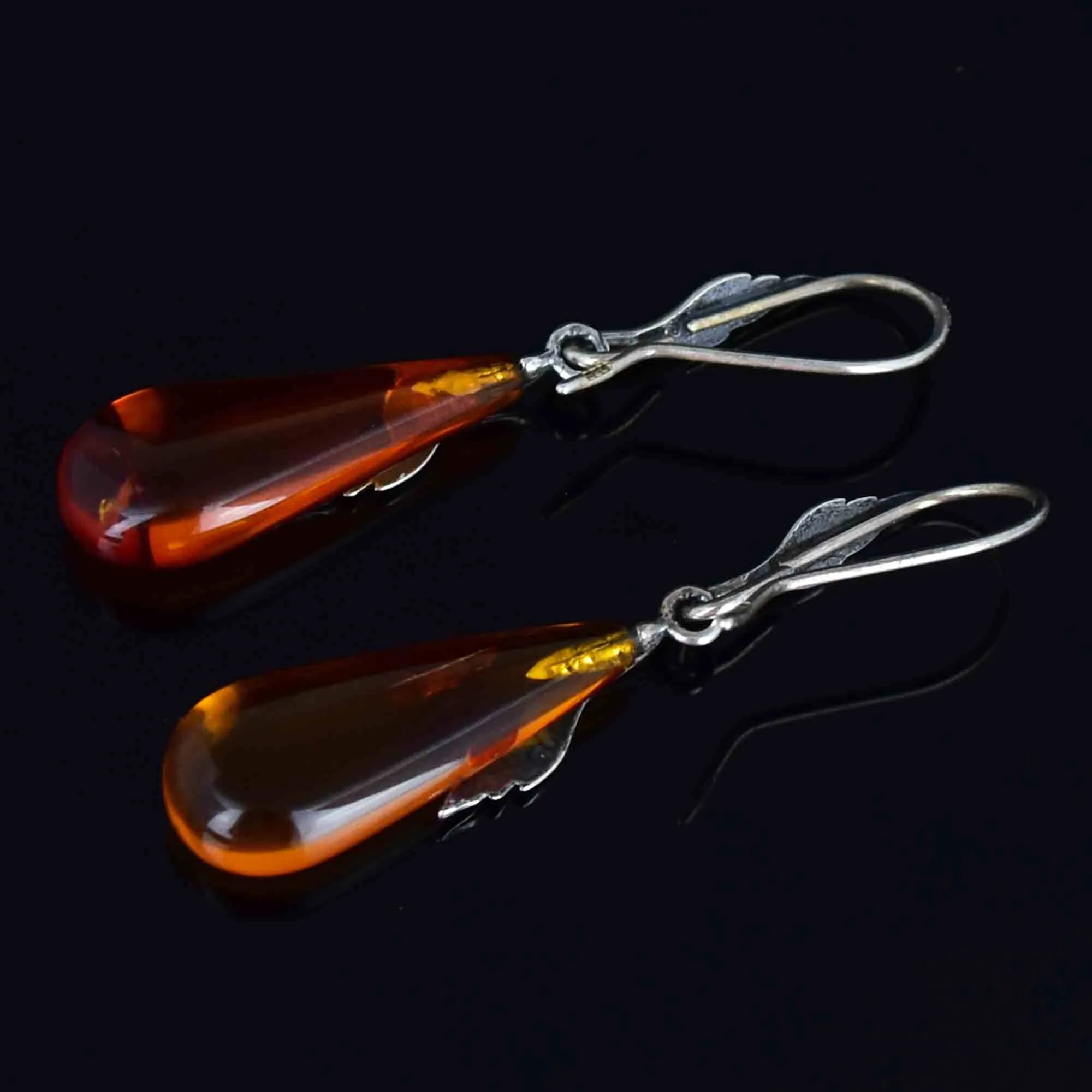 Arts and Crafts Style Silver Leaf Amber Cabochon Drop Earrings