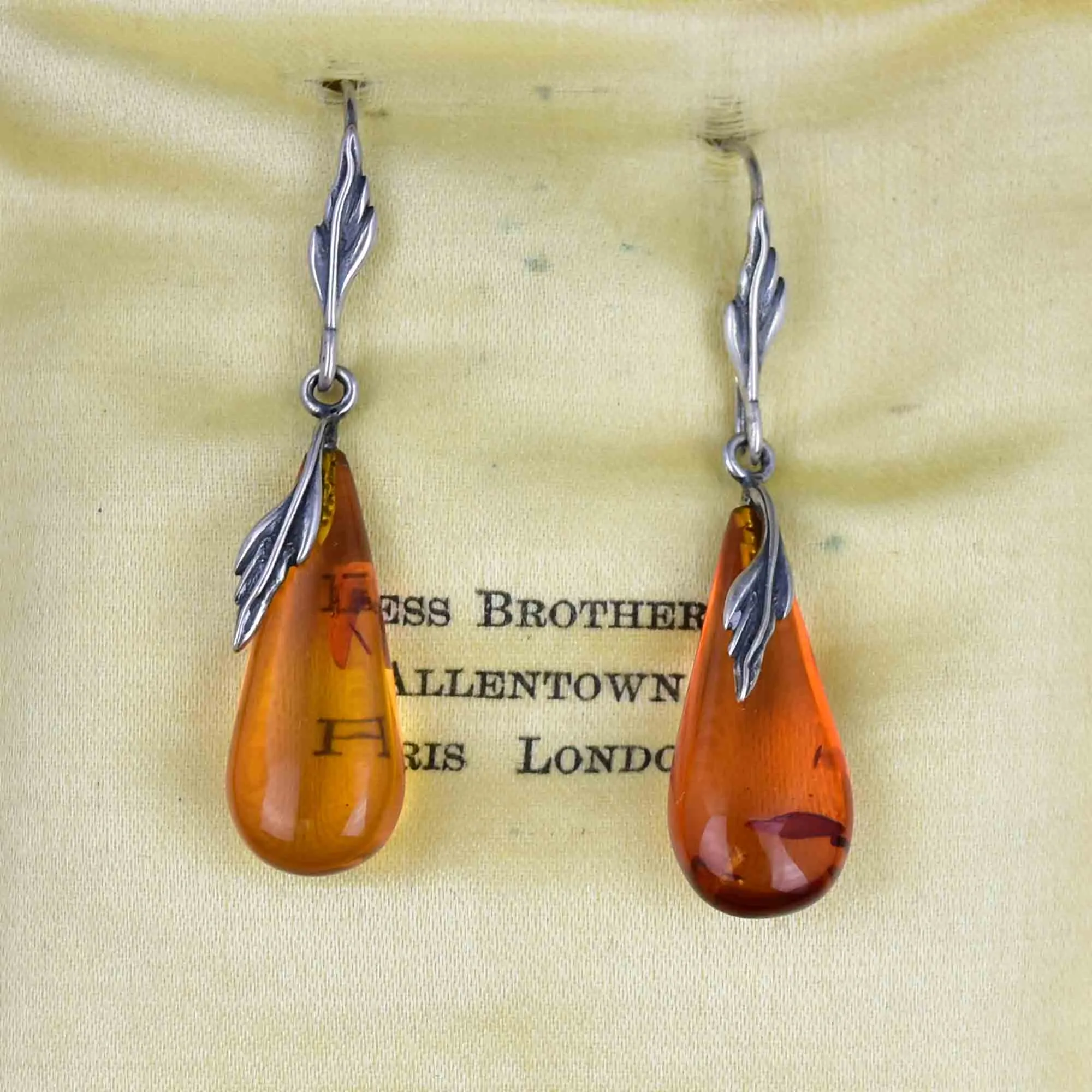 Arts and Crafts Style Silver Leaf Amber Cabochon Drop Earrings