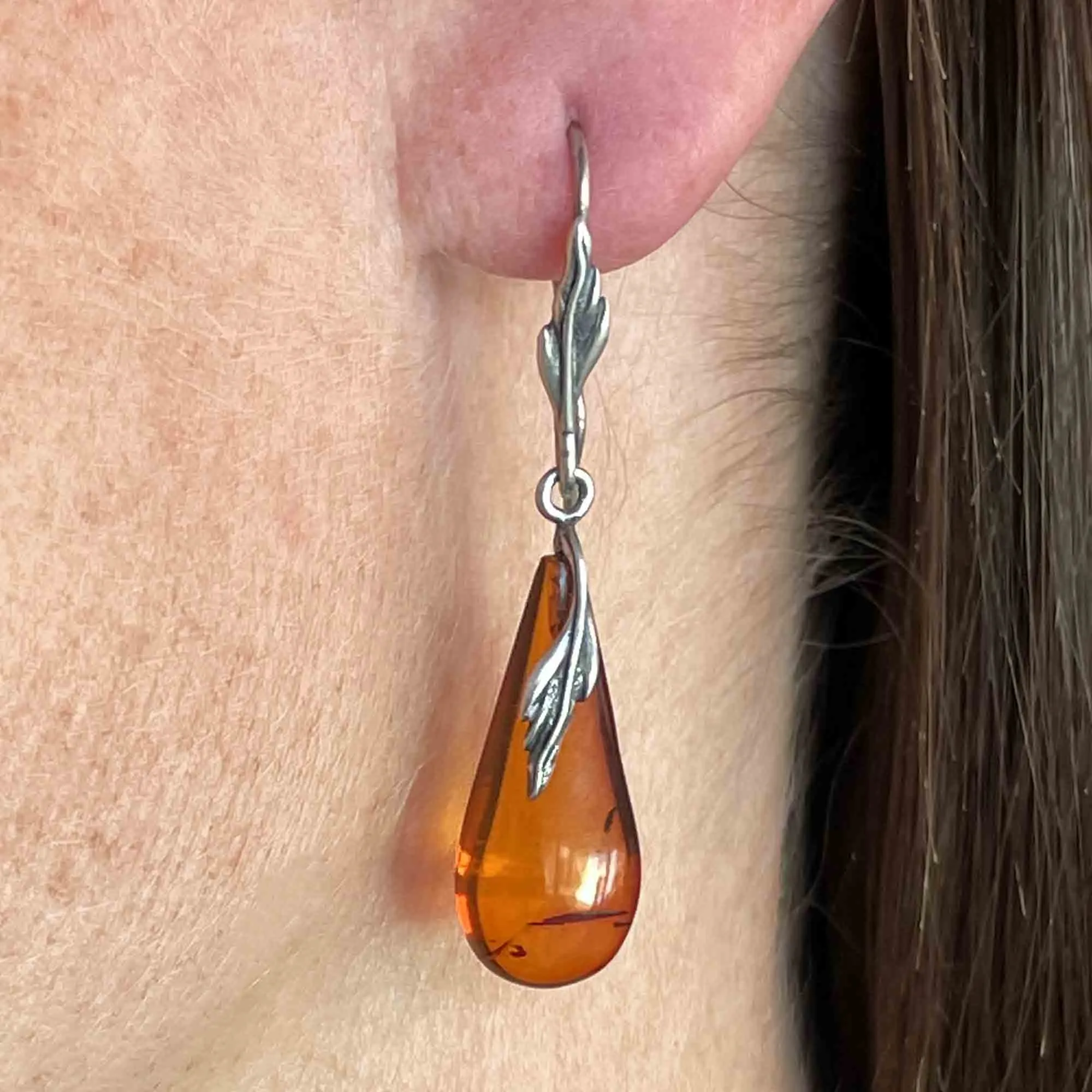 Arts and Crafts Style Silver Leaf Amber Cabochon Drop Earrings
