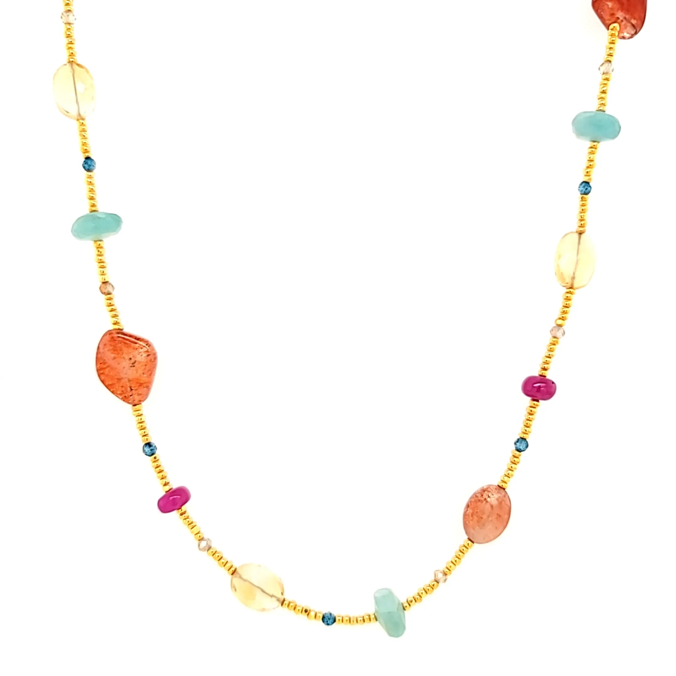 AVF Gold Glass, Ruby, Citrine, Grandidierite, Sunstone, Zircon & Quartz Station Necklace (SI3718)