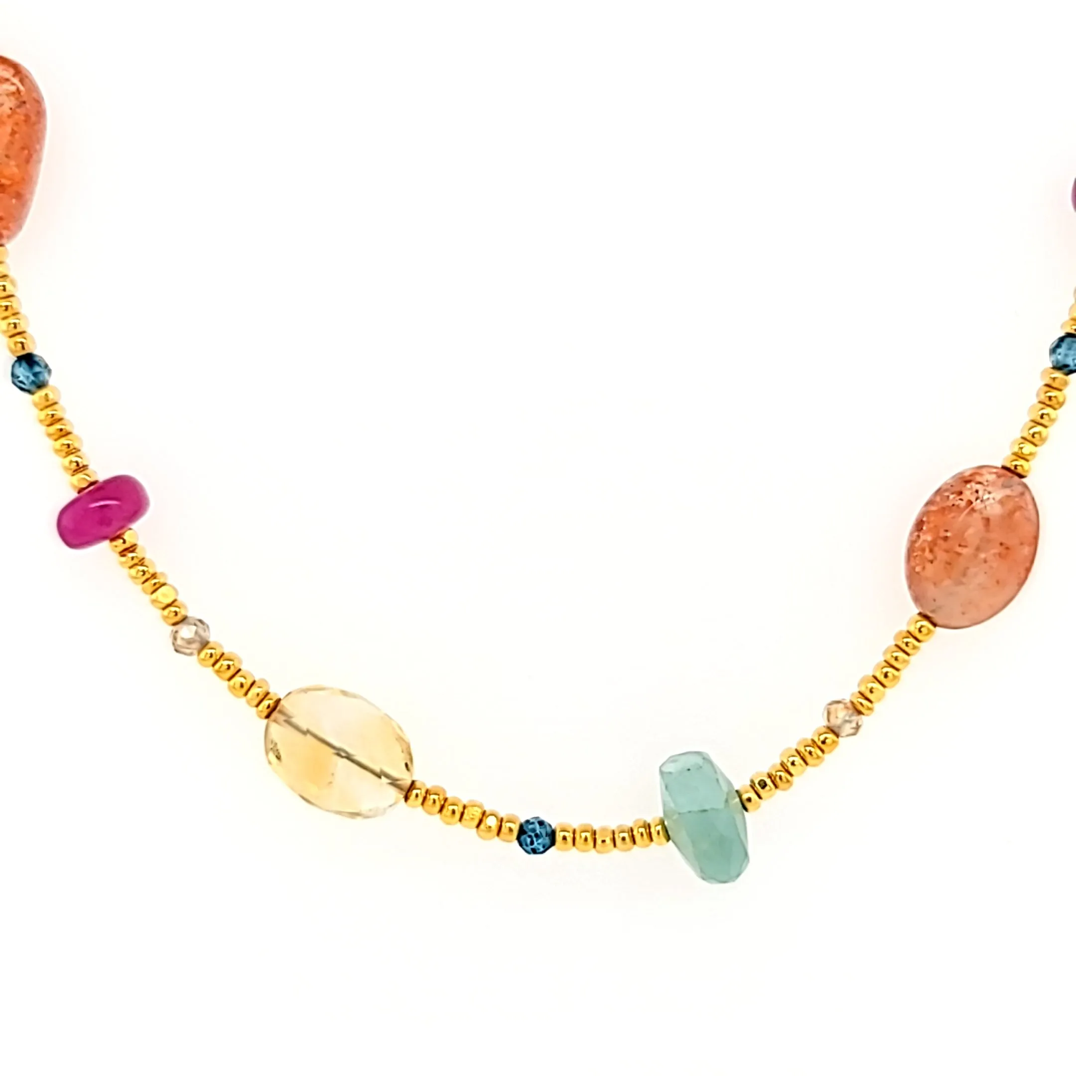 AVF Gold Glass, Ruby, Citrine, Grandidierite, Sunstone, Zircon & Quartz Station Necklace (SI3718)