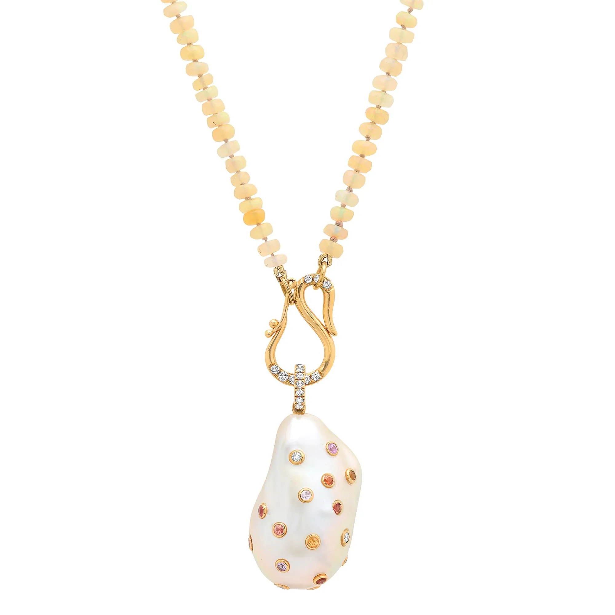 Baroque Fresh Water Pearl with Rainbow Sapphires on Opal Necklace