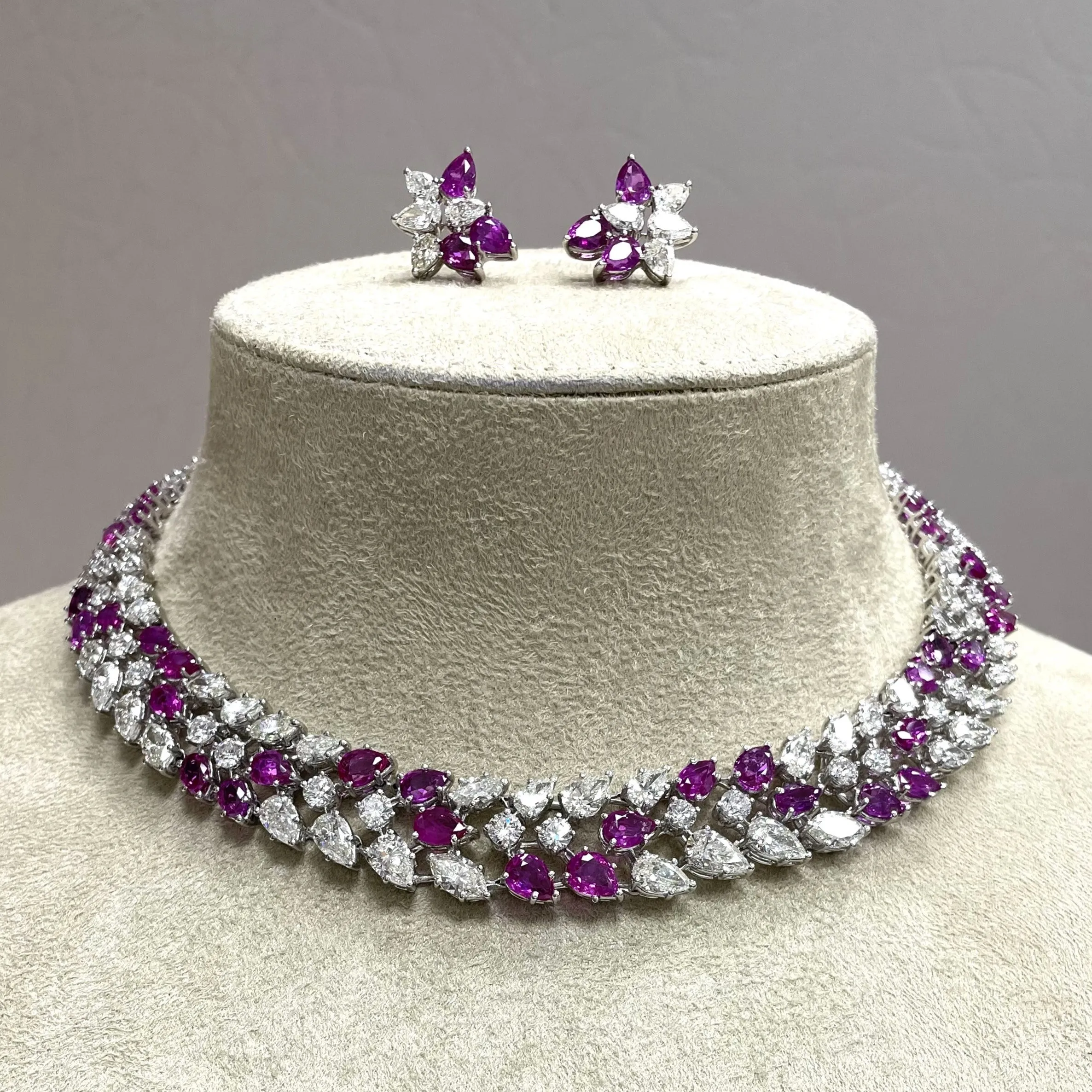 Beauvince Burma Floral Suite (79.44 ct Diamonds & Rubies) in White Gold