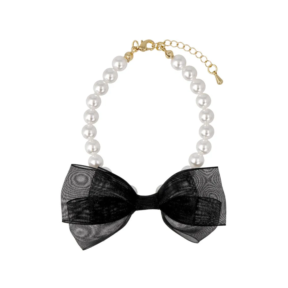 Black Sheer Bow Pearl Chain Bracelet
