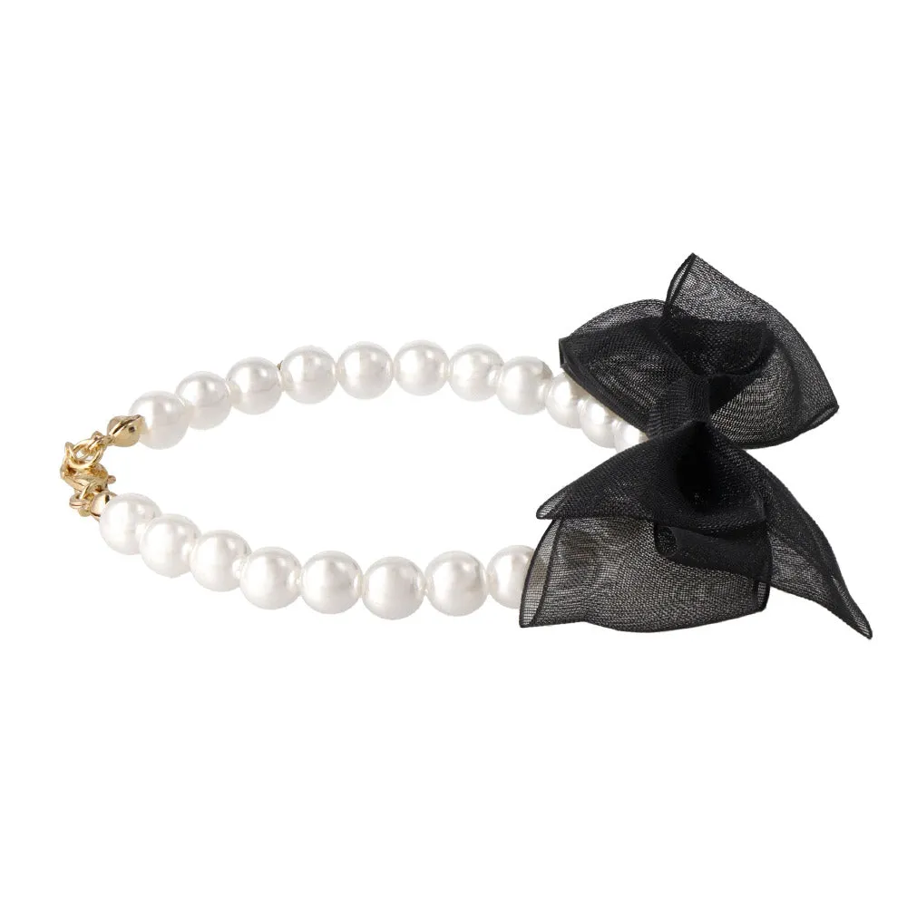 Black Sheer Bow Pearl Chain Bracelet