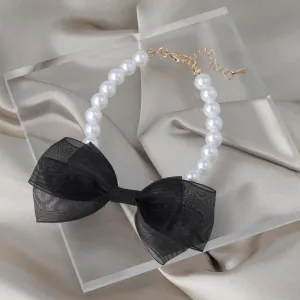 Black Sheer Bow Pearl Chain Bracelet