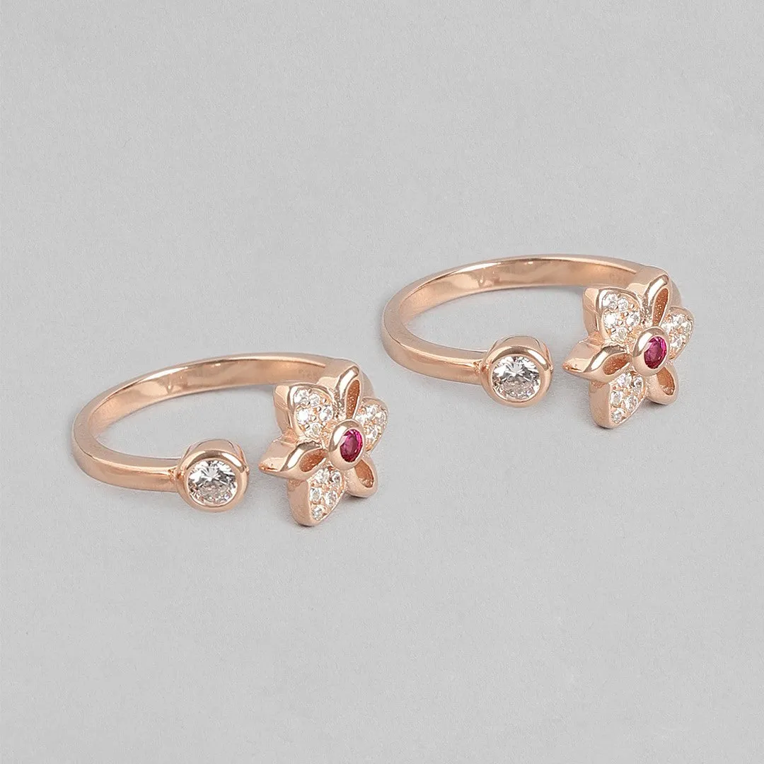 Blooming Petals Rose Gold-Plated 925 Sterling Silver Toe Ring with Cubic Zirconia