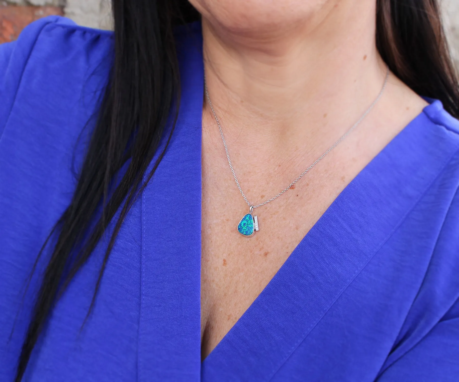 Blue Opal Offset Diamond White Gold Necklace