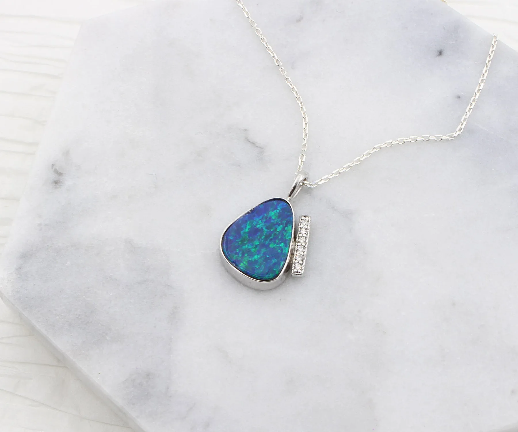 Blue Opal Offset Diamond White Gold Necklace