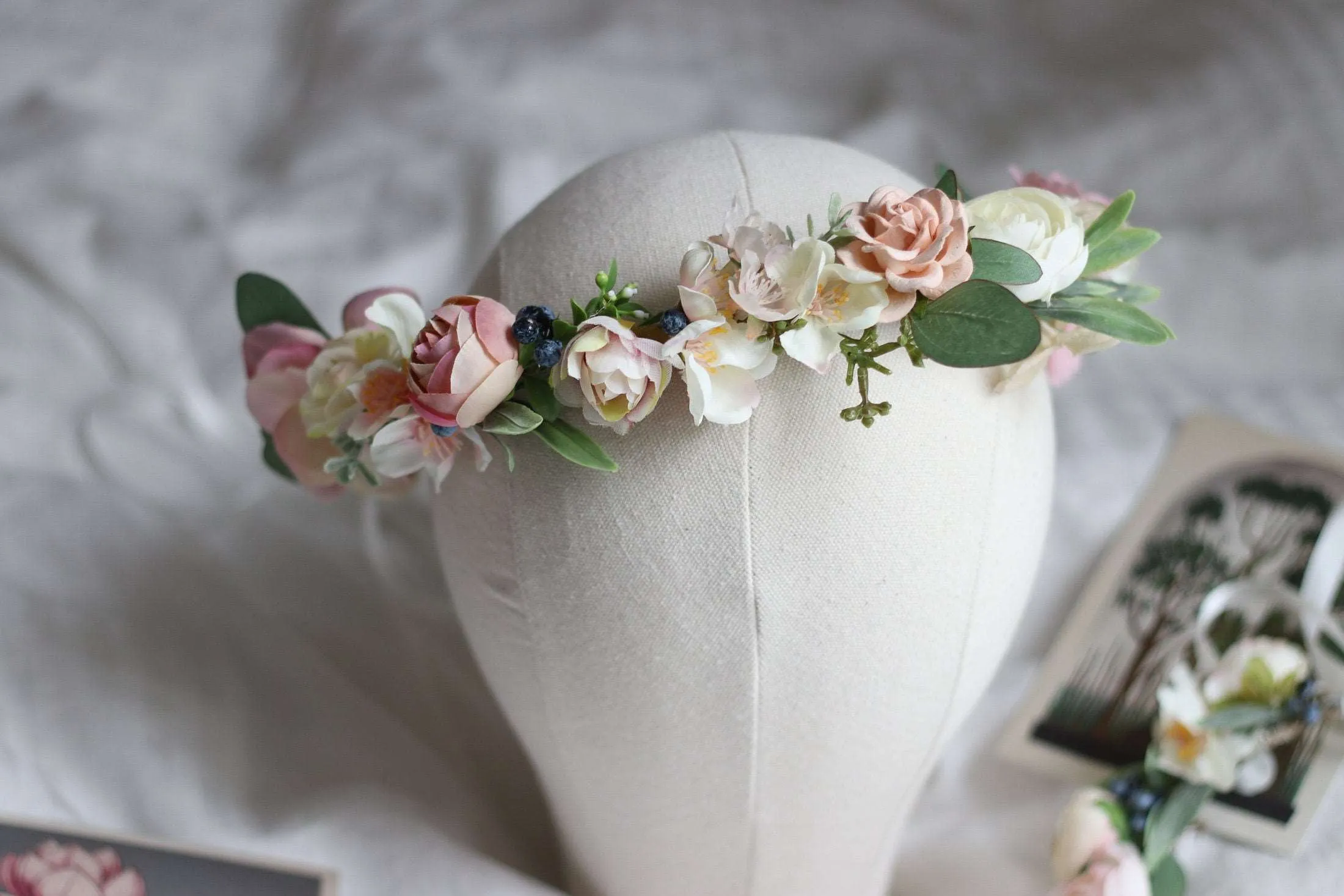 Blush Pink Paper Rose and Silk Cherry Blossom Crown