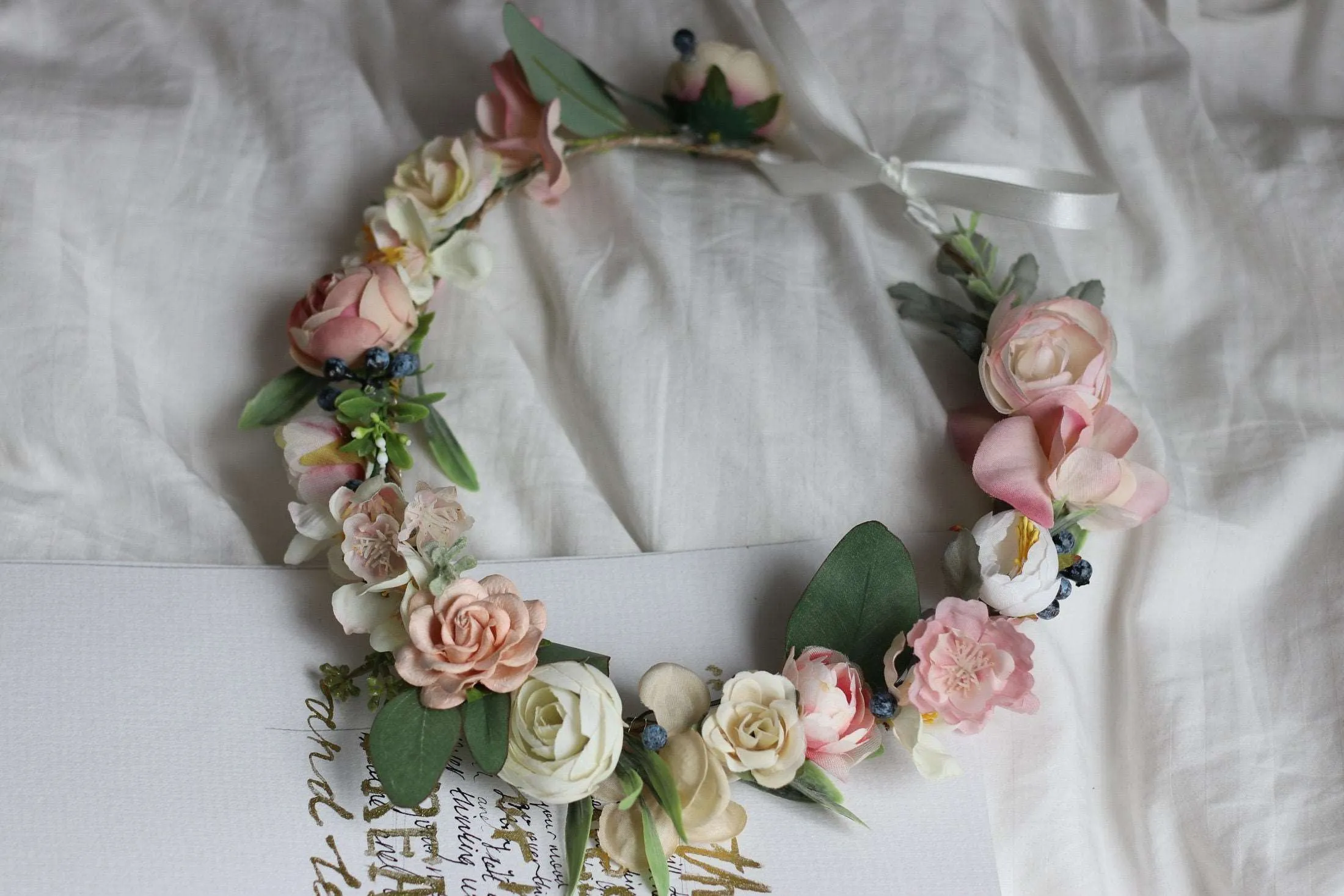 Blush Pink Paper Rose and Silk Cherry Blossom Crown