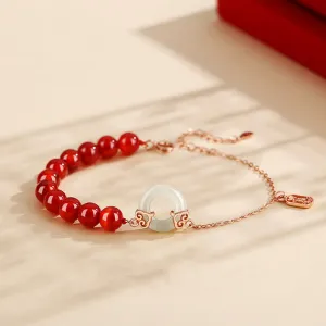 Buddha Stones 925 Sterling Silver Natural Red Agate White Jade Peace Buckle Confidence Bracelet