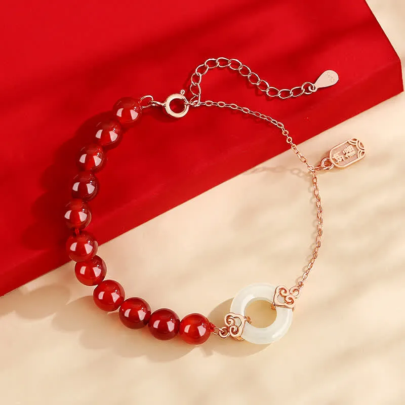 Buddha Stones 925 Sterling Silver Natural Red Agate White Jade Peace Buckle Confidence Bracelet