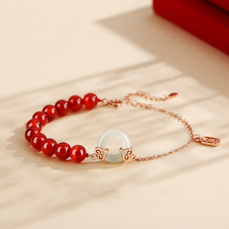 Buddha Stones 925 Sterling Silver Natural Red Agate White Jade Peace Buckle Confidence Bracelet