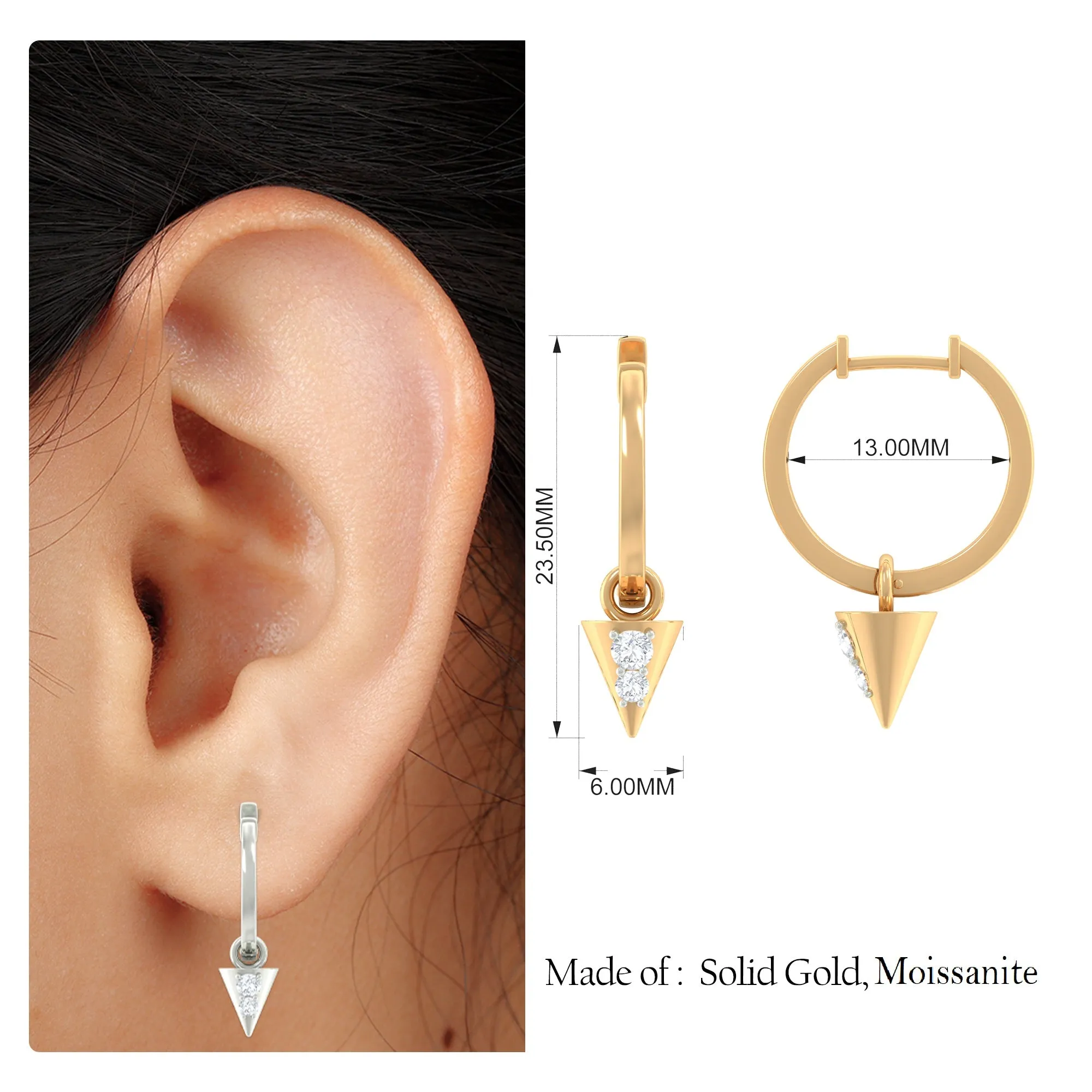 Certified Moissanite Triangle Hoop Drop Earring for Helix Piercing