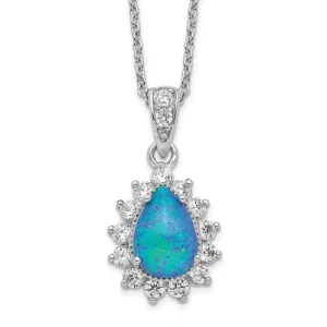 Cheryl M Sterling Silver CZ Blue Opal Pear Halo Pendant Necklace