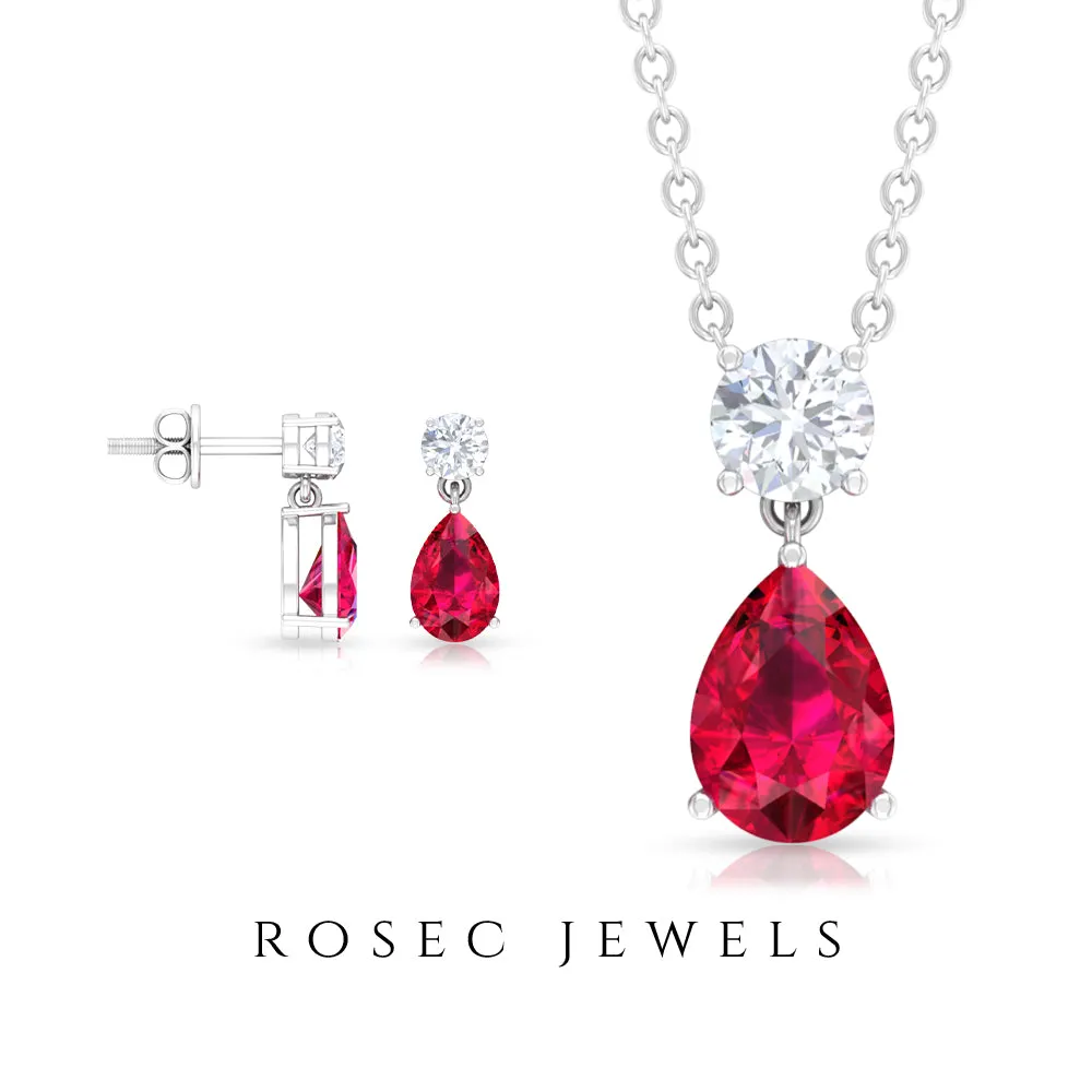 Classic Pear Shape Ruby Jewelry Set with Moissanite