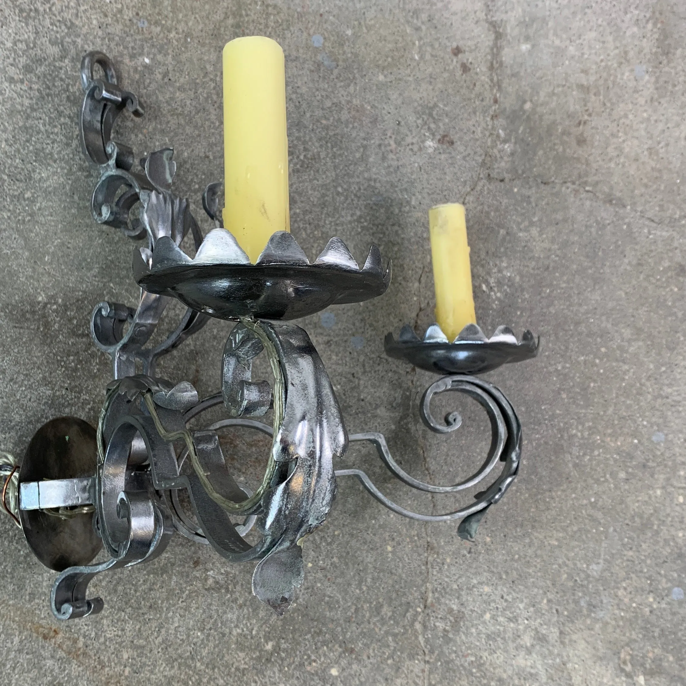 Corner Wall Light Sconce, Pewter, Two Candle Light, Ornate