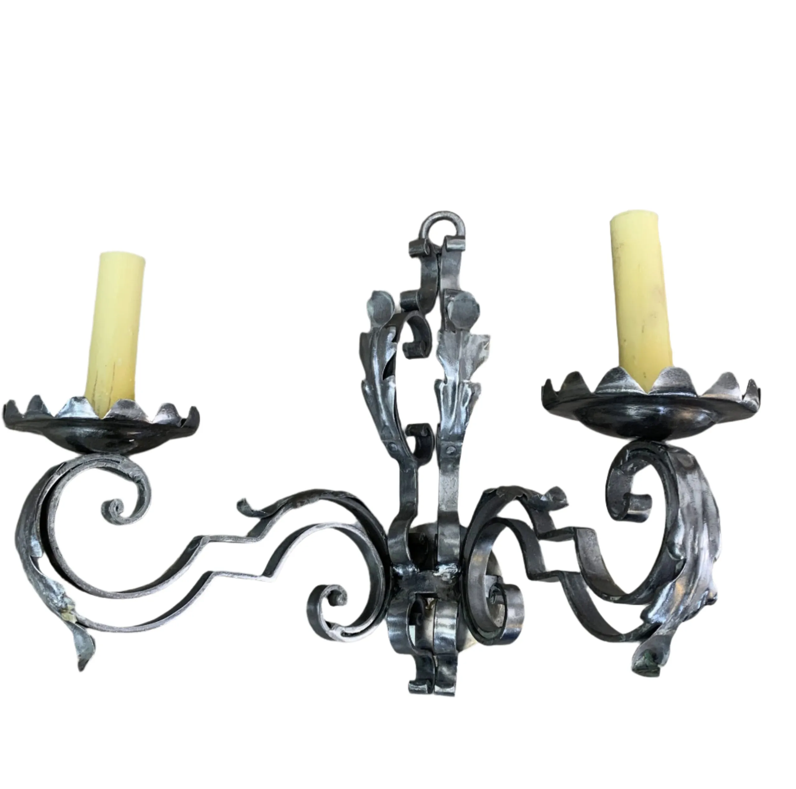 Corner Wall Light Sconce, Pewter, Two Candle Light, Ornate