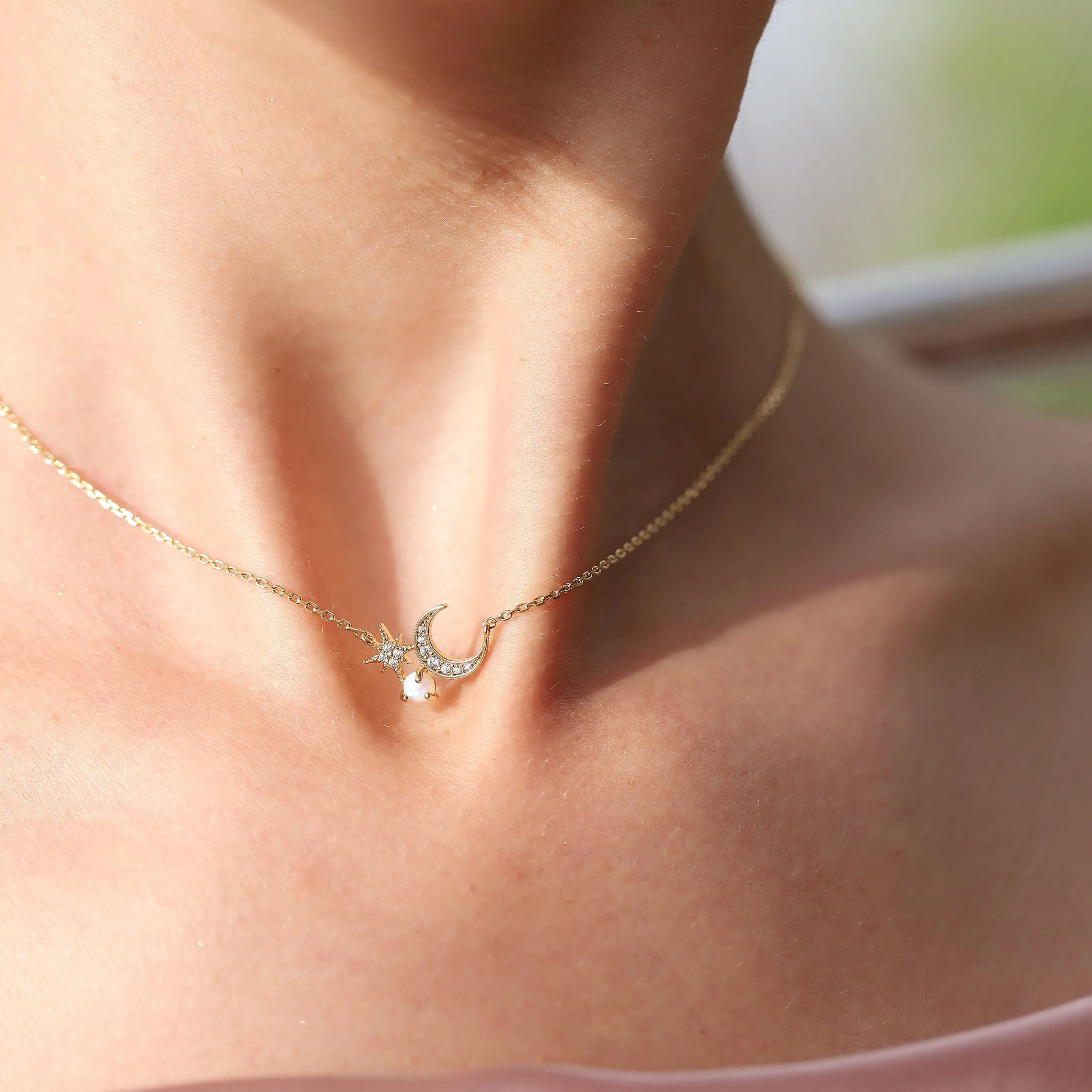 Crescent Moon and Starburst Pendant with Opal Accent