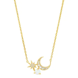 Crescent Moon and Starburst Pendant with Opal Accent