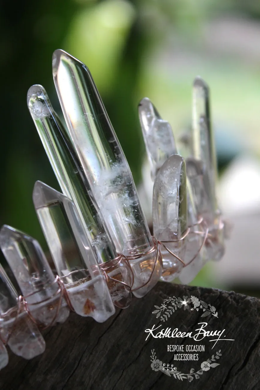 Crystal quartz bridal crown with rose gold, gold or silver wirework (uneven points)