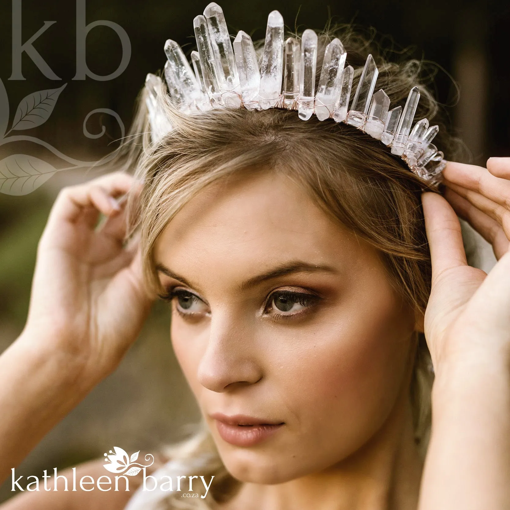 Crystal quartz bridal crown with rose gold, gold or silver wirework (uneven points)