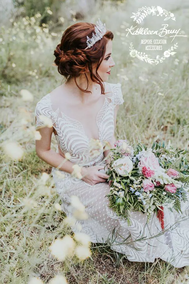 Crystal quartz bridal crown with rose gold, gold or silver wirework (uneven points)