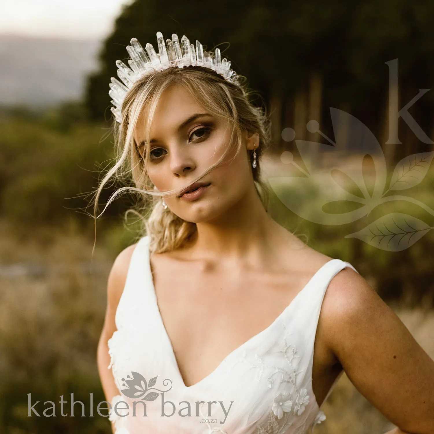 Crystal quartz bridal crown with rose gold, gold or silver wirework (uneven points)