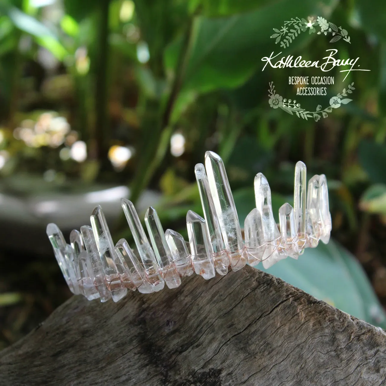 Crystal quartz bridal crown with rose gold, gold or silver wirework (uneven points)