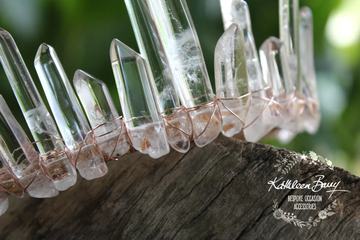 Crystal quartz bridal crown with rose gold, gold or silver wirework (uneven points)