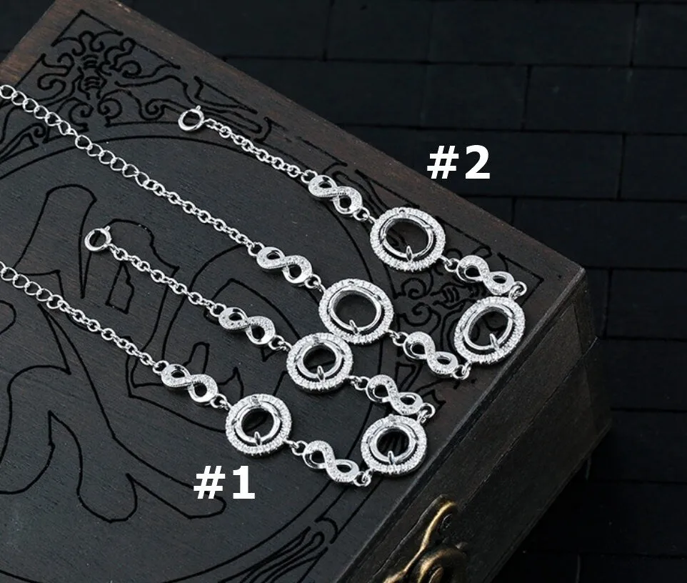 Crystals Round Oval Base Chain Bangle Mount Bracelet Setting Sterling Silver Fine 925 5-10mm For Three Stones 4 Prongs DIY Jewelry Wholesale