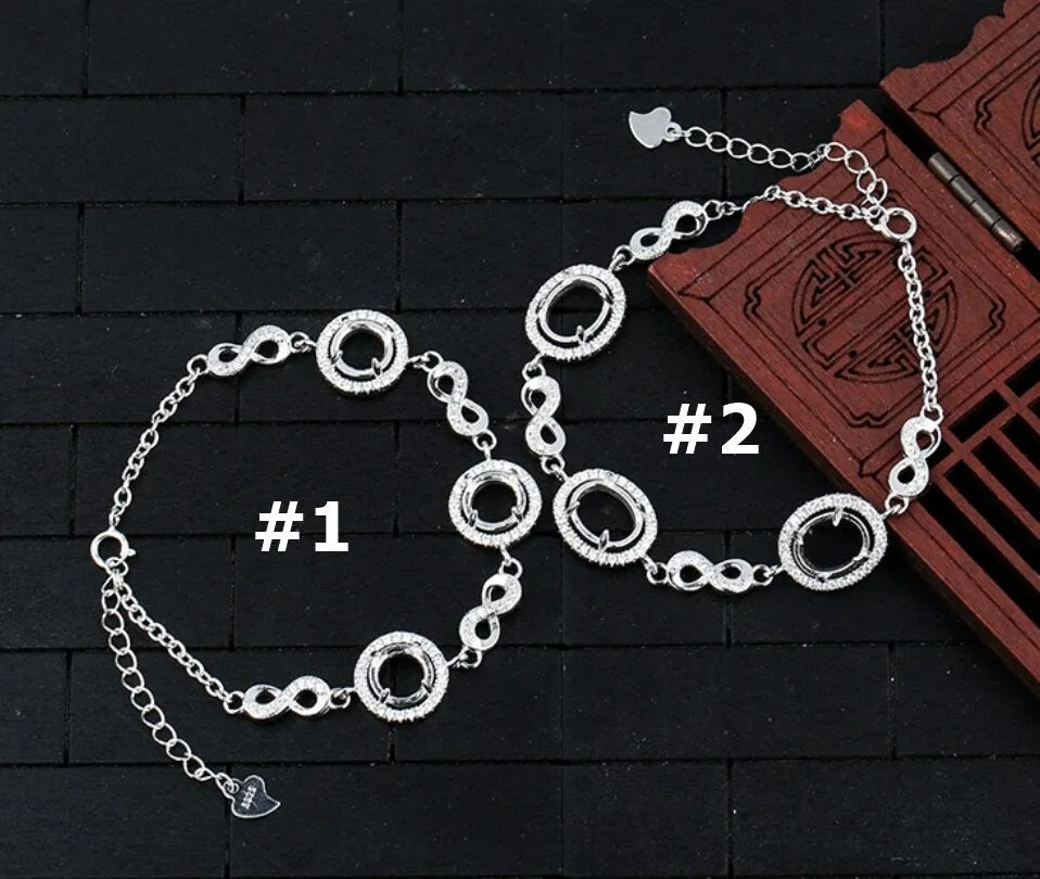 Crystals Round Oval Base Chain Bangle Mount Bracelet Setting Sterling Silver Fine 925 5-10mm For Three Stones 4 Prongs DIY Jewelry Wholesale