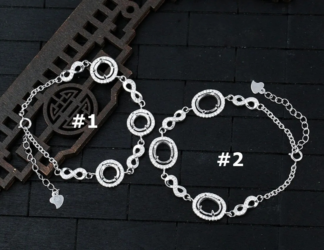 Crystals Round Oval Base Chain Bangle Mount Bracelet Setting Sterling Silver Fine 925 5-10mm For Three Stones 4 Prongs DIY Jewelry Wholesale