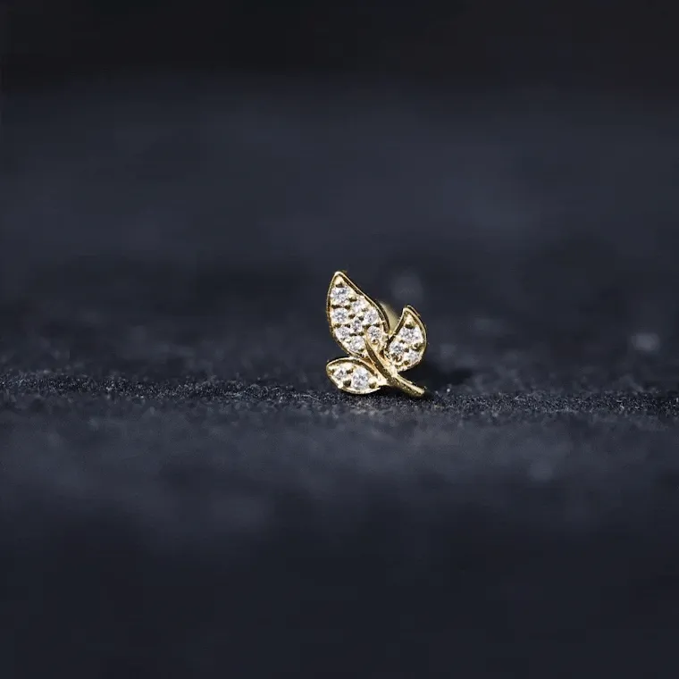 Dainty Moissanite Gold Leaf Earring for Cartilage Piercing