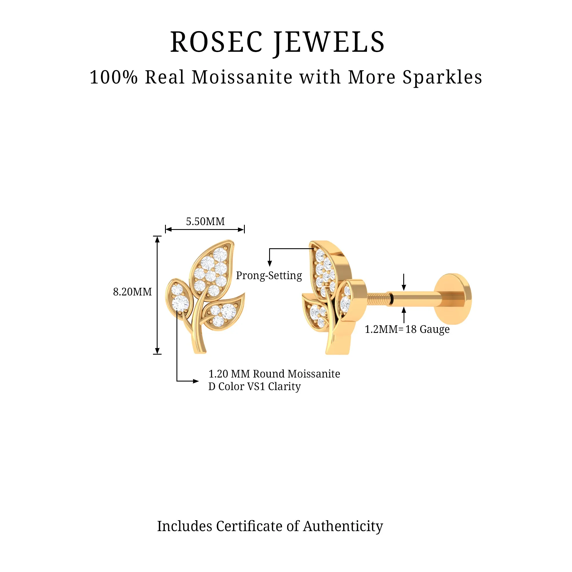 Dainty Moissanite Gold Leaf Earring for Cartilage Piercing