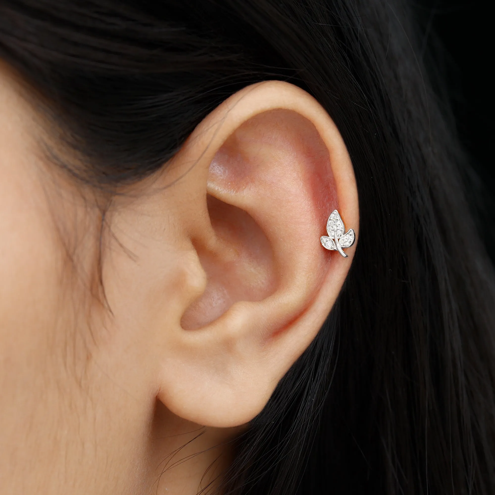 Dainty Moissanite Gold Leaf Earring for Cartilage Piercing