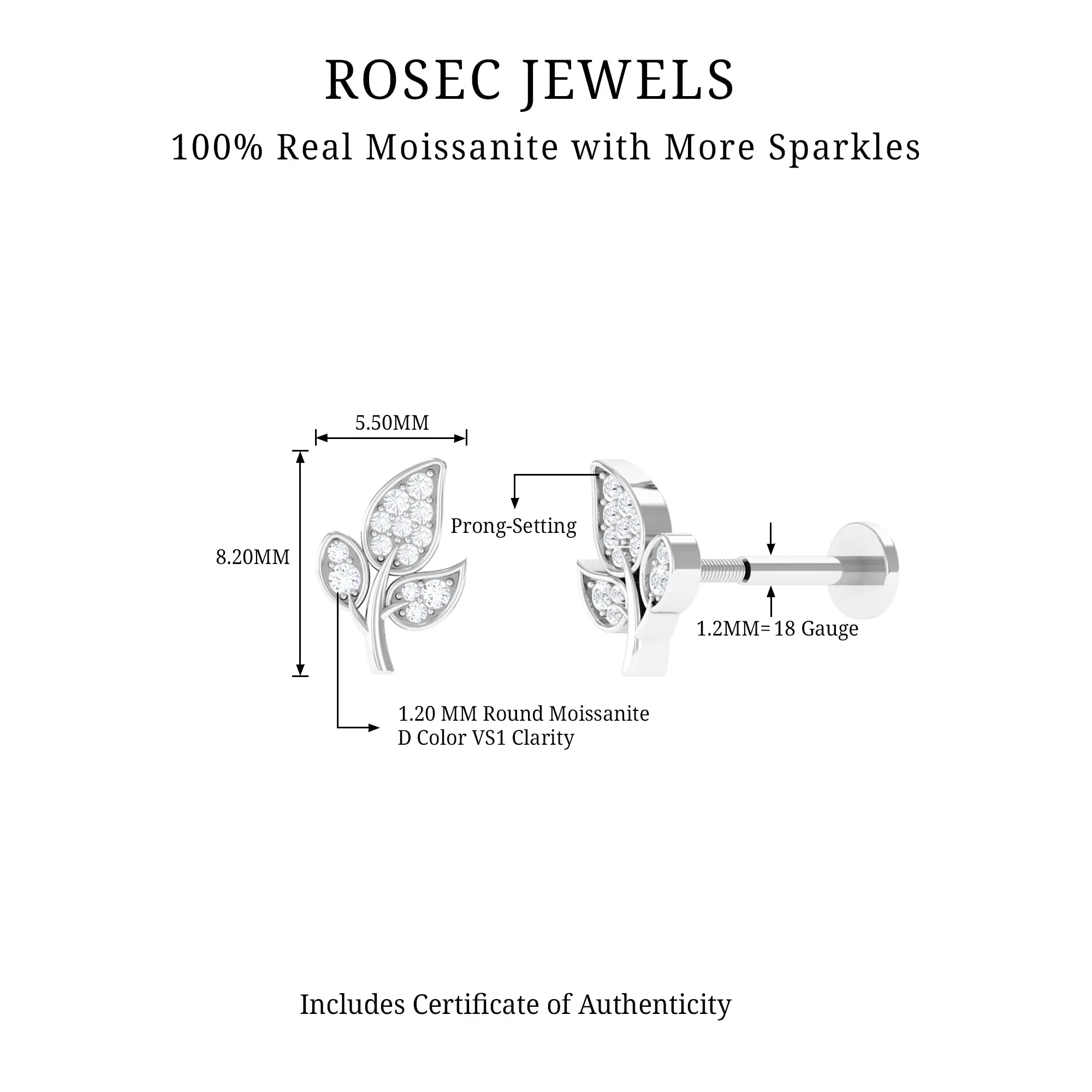 Dainty Moissanite Gold Leaf Earring for Cartilage Piercing