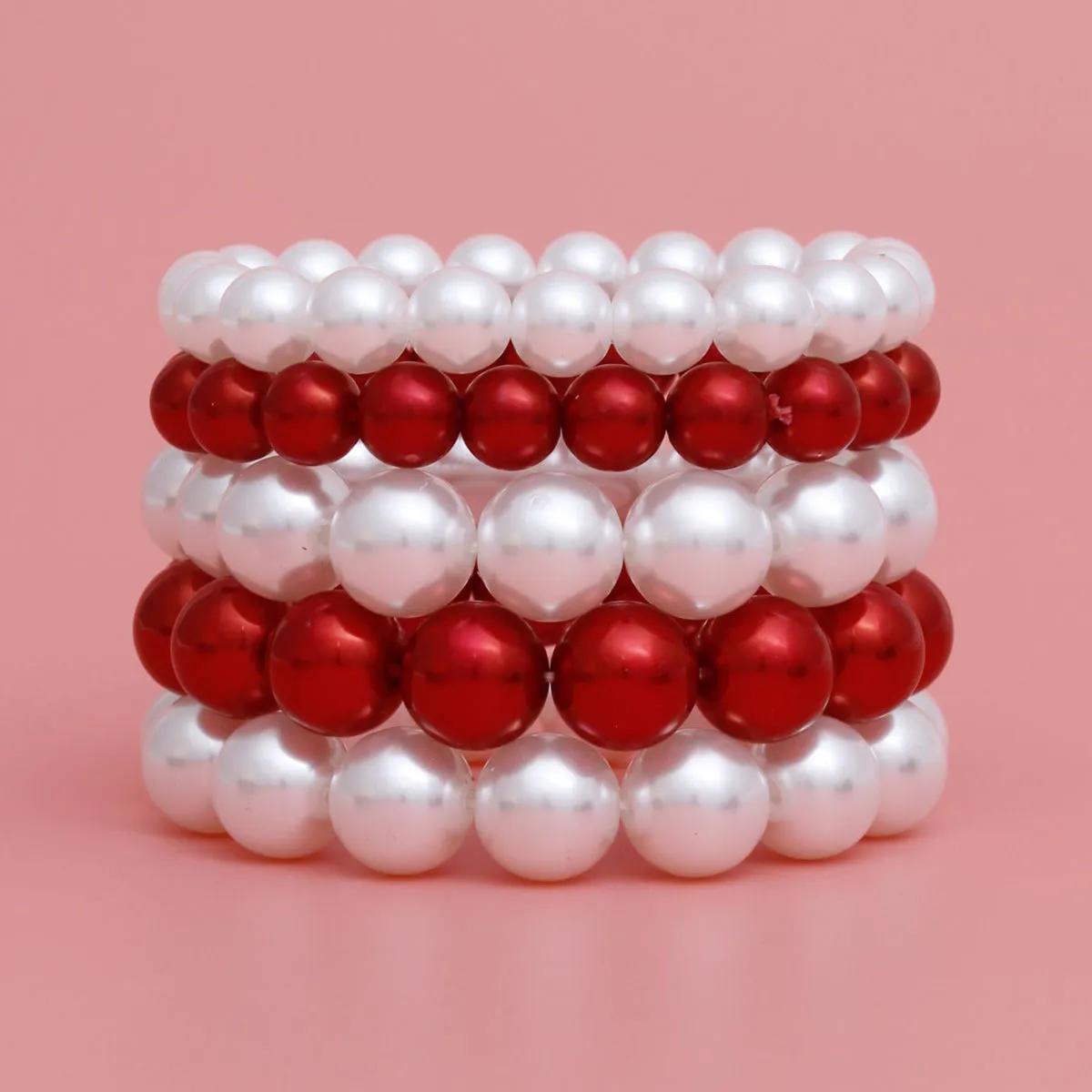 Delta Sigma Theta DST Inspired Red White Pearl Stretch 5 Pcs Bracelets Women