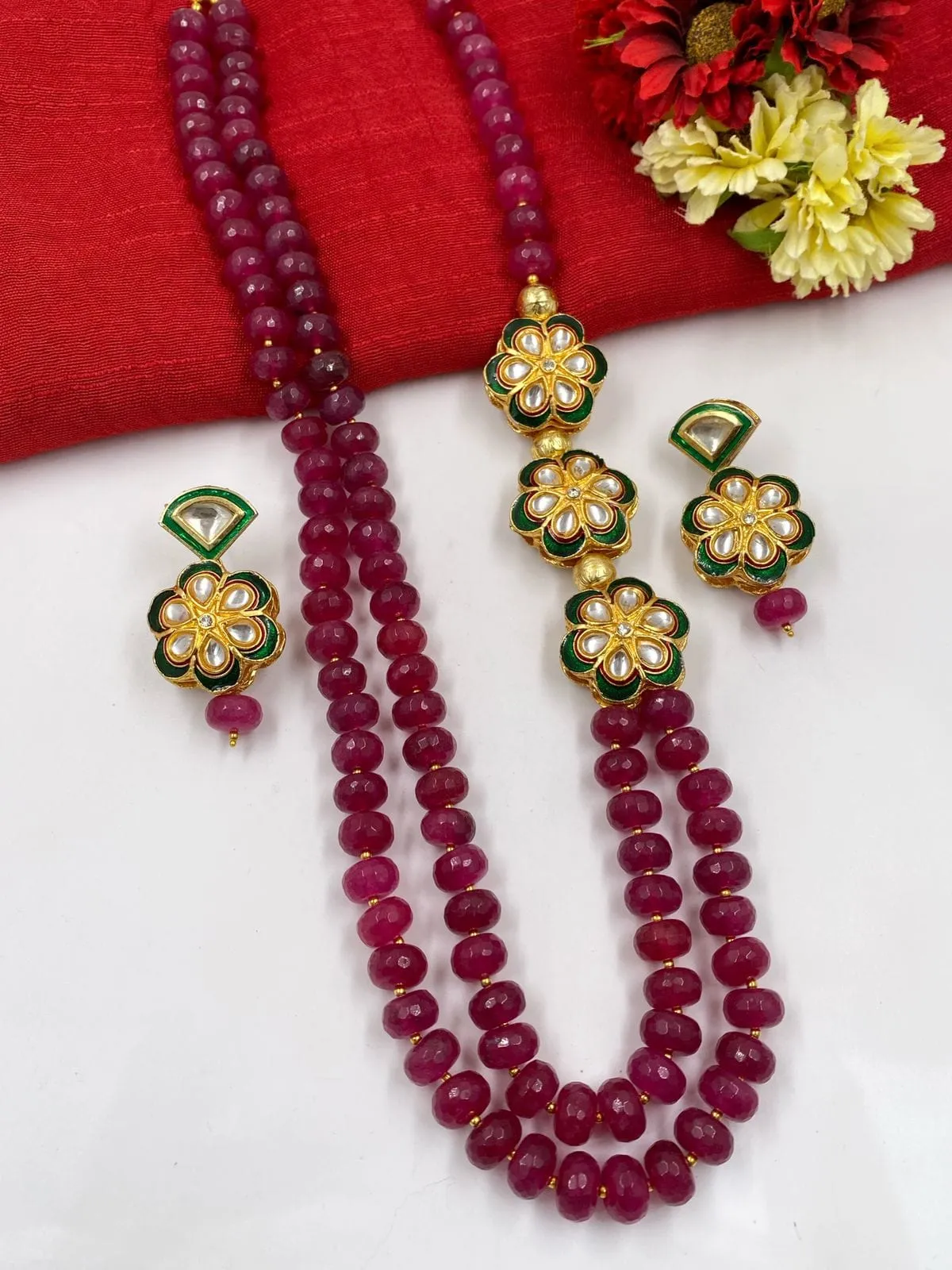 Designer Semi Precious Ruby Quartz Long Beads Necklace For Women By Gehna Shop