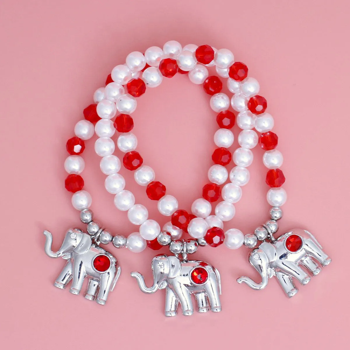 DST Inspired Red White Glass Bead Elephant Charm Bracelets