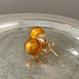 Earrings with gold topaz (amber, brown) Murano glass sphere studs on 24ct gold plated posts