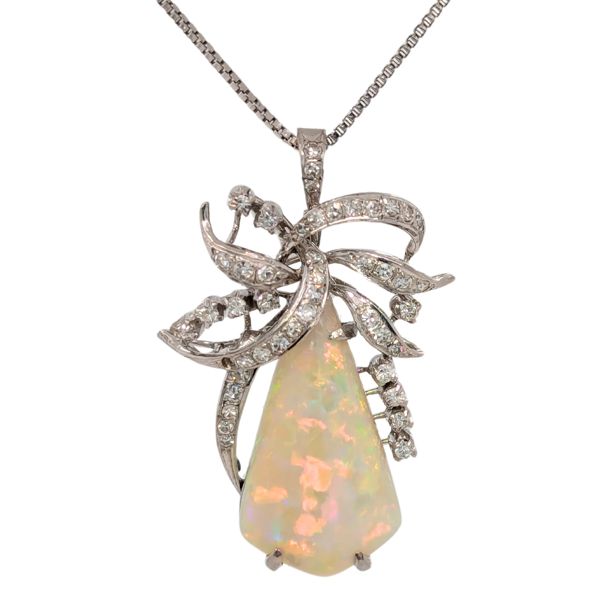 Estate: 18K White Gold Opal and Diamond Bow Necklace