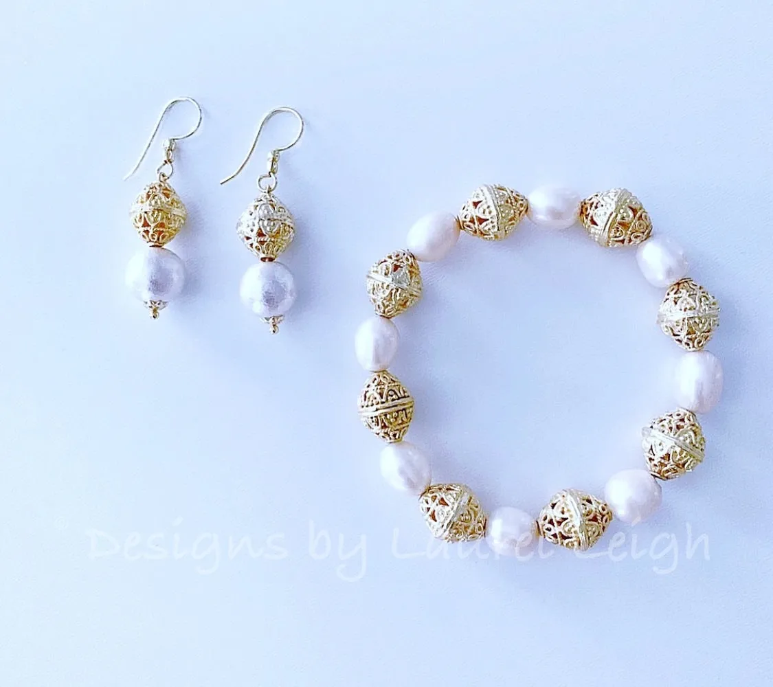 Filigree and Pearl Drop Earrings - Gold