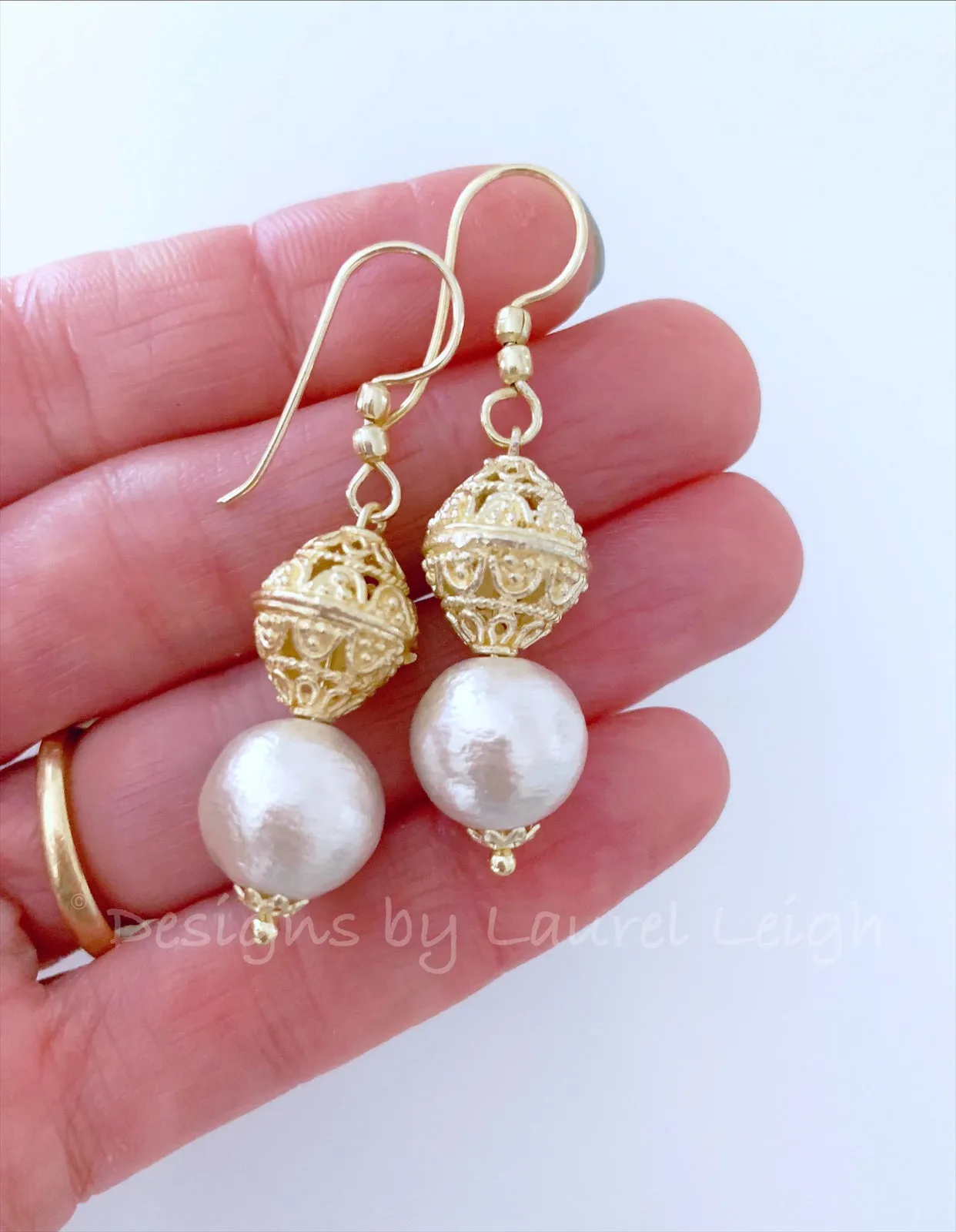 Filigree and Pearl Drop Earrings - Gold