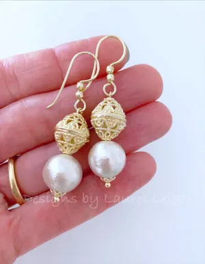 Filigree and Pearl Drop Earrings - Gold