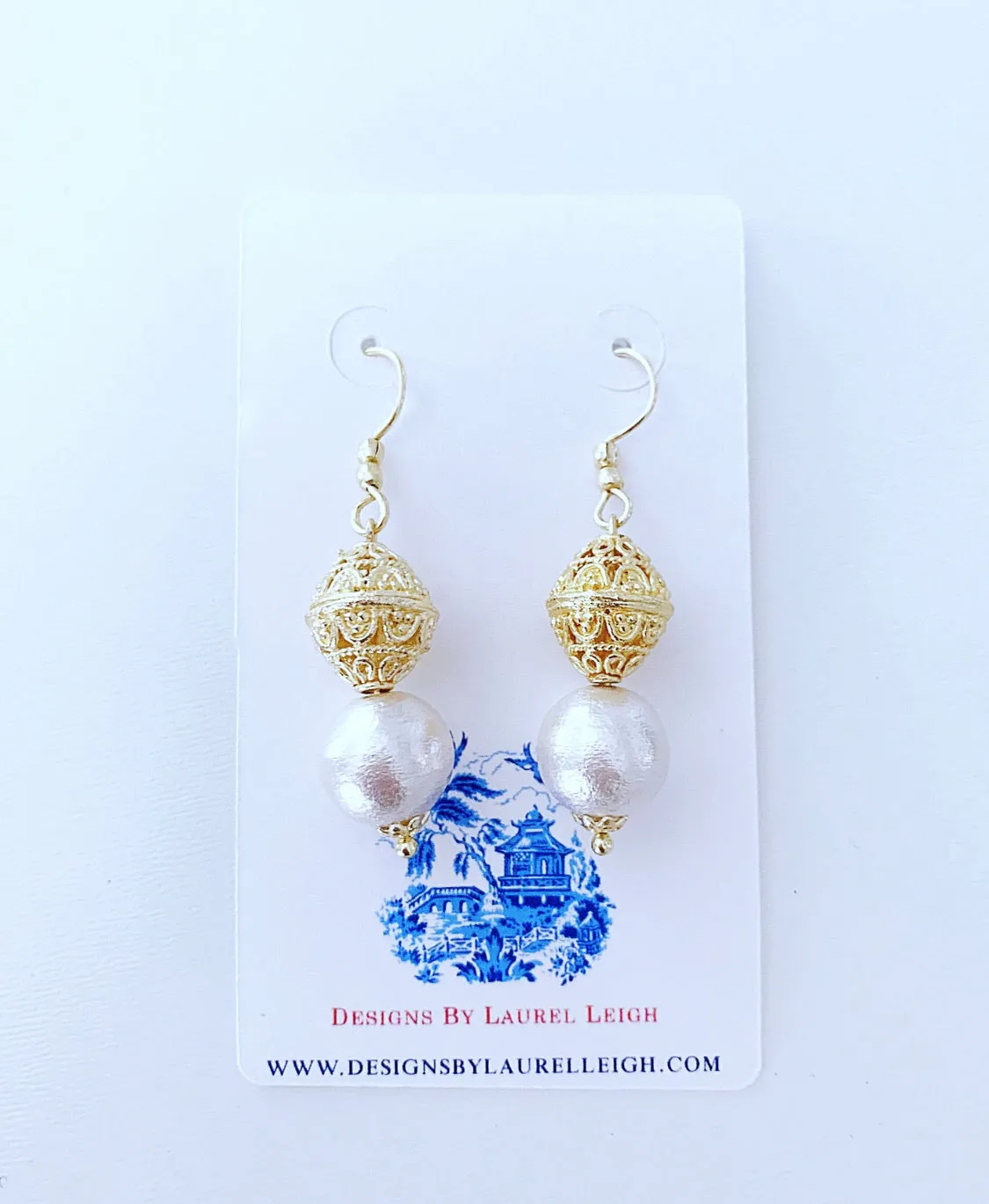 Filigree and Pearl Drop Earrings - Gold