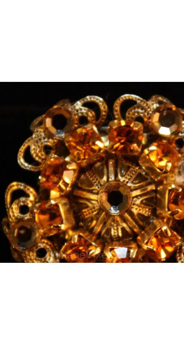 FINAL SALE Glam 1950s Filigree Flower Earrings by 'Mistar Bijoux' - Clip On - Goldtone Metal & Citrine - 50s Bombshell - Stunning Glamour