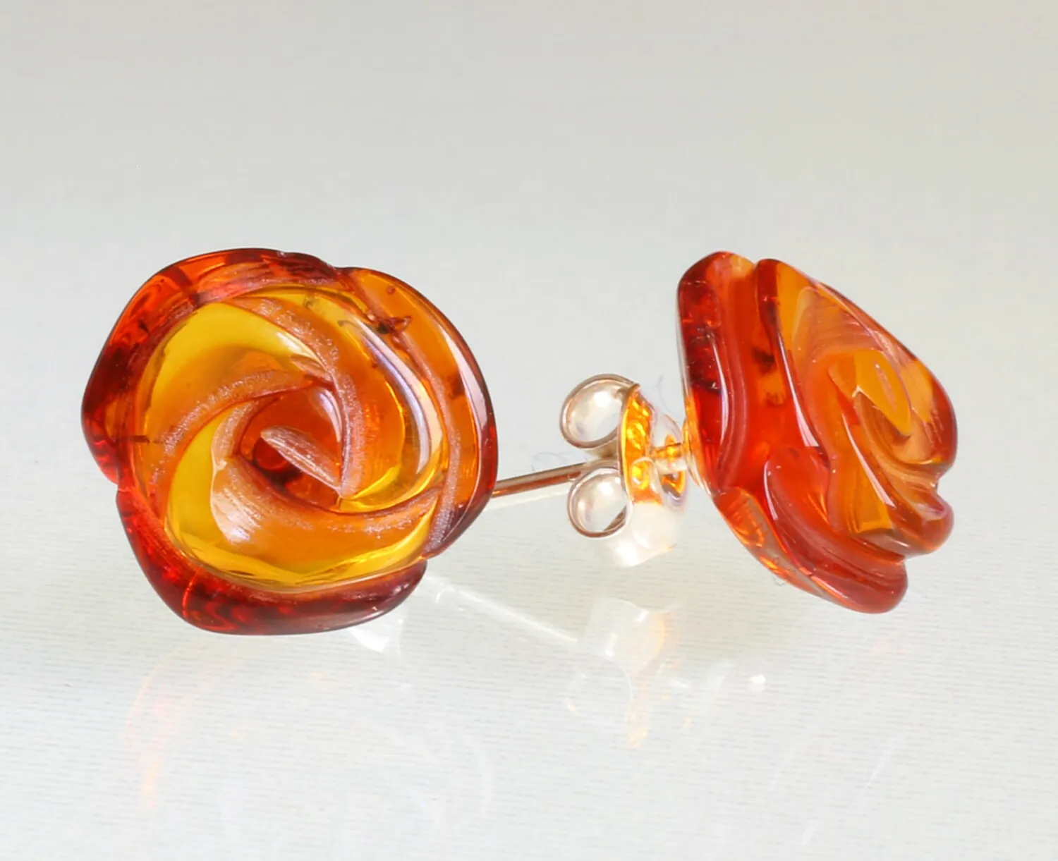 Flower Earrings - Rose Earrings - Rose Stud Earrings - Gift For Her - Baltic Amber Earrings - Cognac Amber Earrings - Flower Jewelry