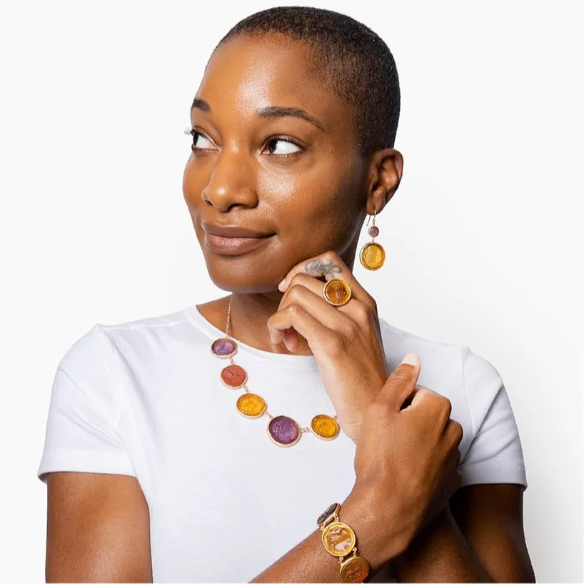 Glass Coin of Athens Motif Double Drop Earrings (Amber & Plum Tones)